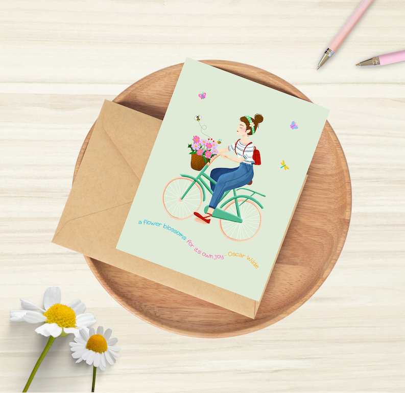 'A flower blossoms for its own joy' greetings card