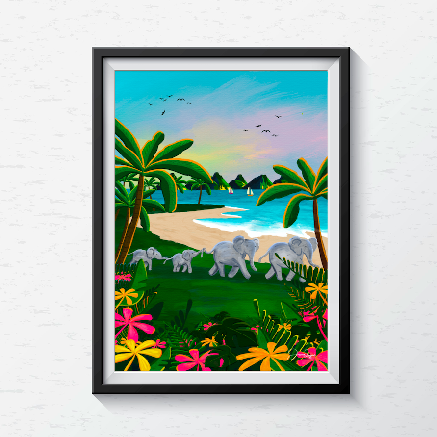 Elephants on the beach, Bali Print