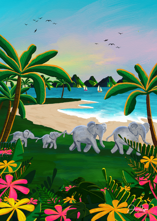 Elephants on the beach, Bali Print