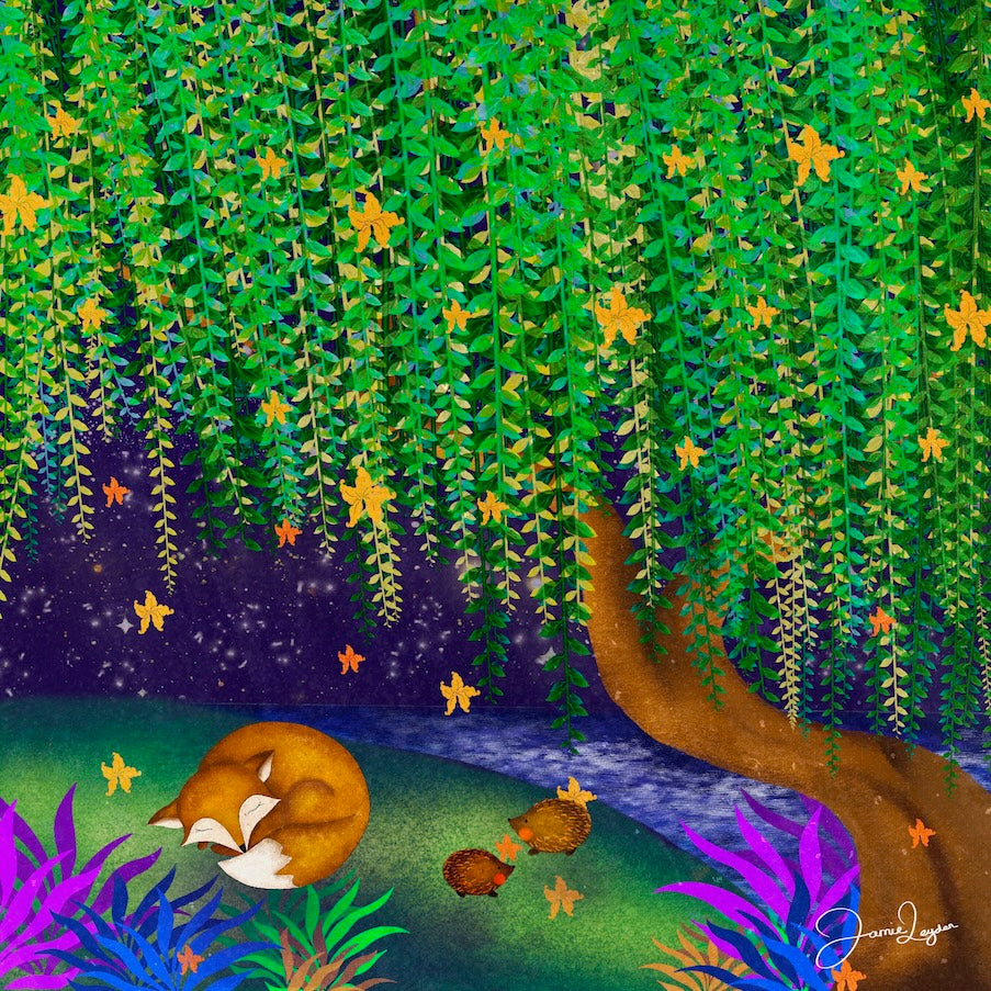 Sleeping fox under tree print