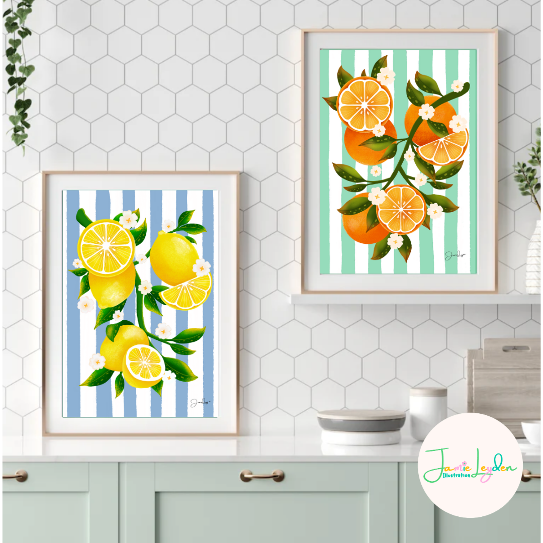 Lemon wall art print with striped background