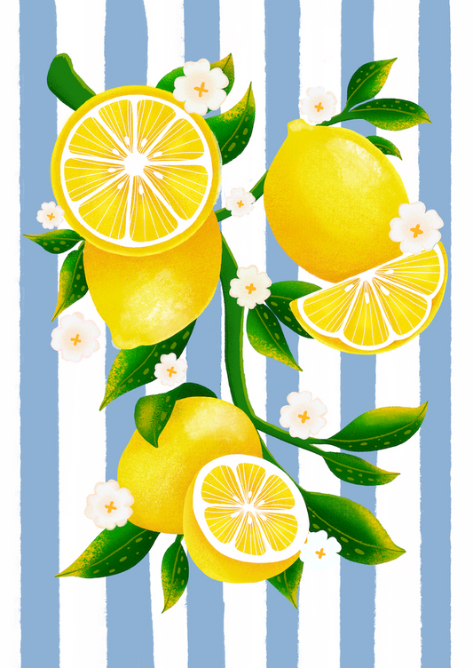 Lemon wall art print with striped background
