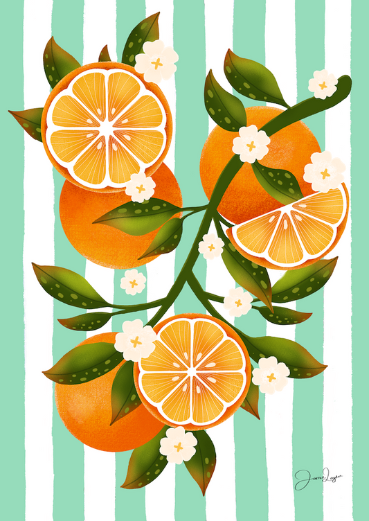 Orange wall art print with striped background