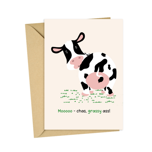 'Mooooo-chas, grassy ass' thank you card